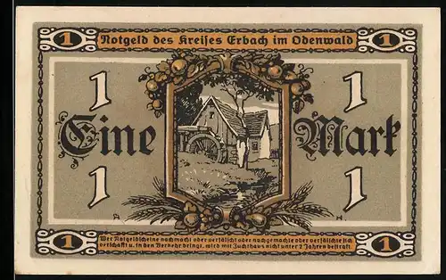 Notgeld Erbach im Odenwald 1918, 1 Mark, Bäuerin und Mühle