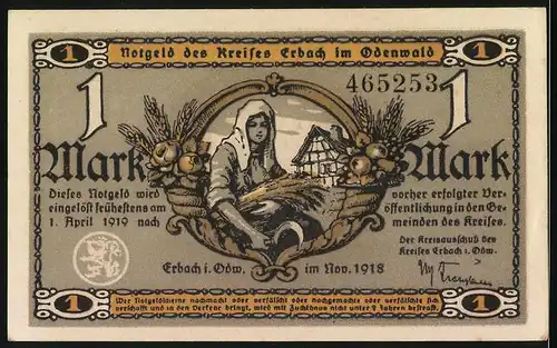 Notgeld Erbach im Odenwald 1918, 1 Mark, Bäuerin und Mühle