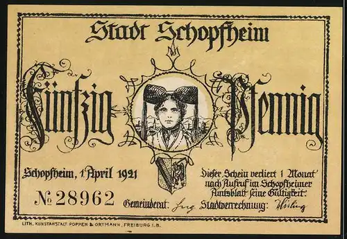 Notgeld Schopfheim 1921, 50 Pfennig, Junge Frau im Wald