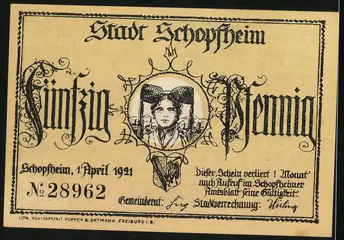 Notgeld Schopfheim 1921, 50 Pfennig, Mutter mit Kleinkind