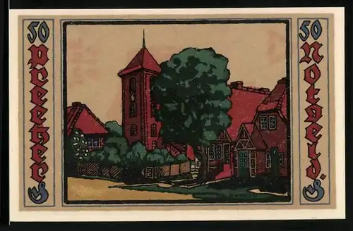 Notgeld Preetz in Holstein 1921, 50 Pfennig, Kirche und Strasse
