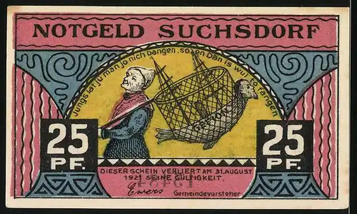 Notgeld Suchsdorf 1921, 25 Pfennig, Gemeindehaus und Karikatur Däne im Netz