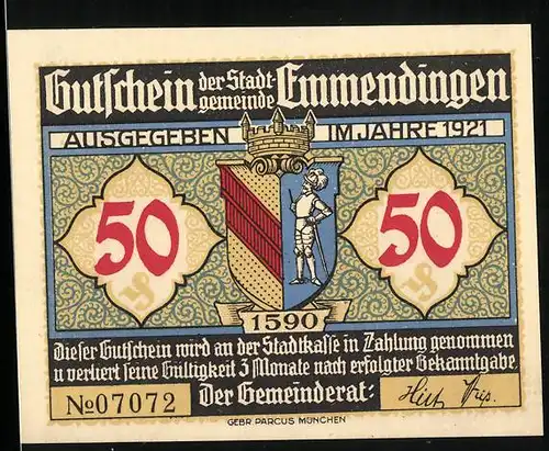 Notgeld Emmendingen 1921, 50 Pfennig, Gasthaus zum Löwen