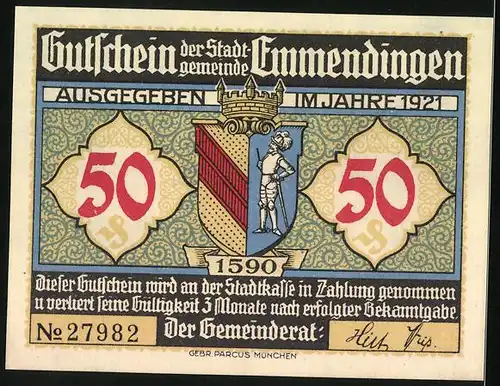 Notgeld Emmendingen 1921, 50 Pfennig, Wappen und Alt-Emmendingen
