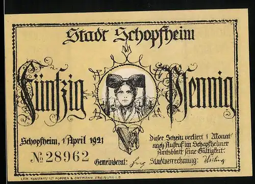 Notgeld Schopfheim 1921, 50 Pfennig, Joh. Peter Hebel
