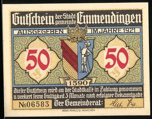 Notgeld Emmendingen 1921, 50 Pfennig, Wappen, Marktplatz mit altem Brunnen
