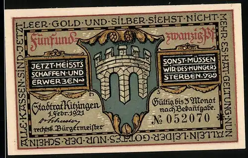 Notgeld Kitzingen 1921, 25 Pfennig, Bauer mit Wappen