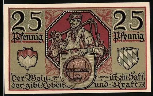 Notgeld Kitzingen 1921, 25 Pfennig, Bauer mit Wappen