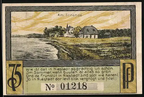 Notgeld Neustadt in Holstein 1921, 75 Pfennig, Ortsansicht am Meer