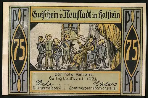 Notgeld Neustadt in Holstein 1921, 75 Pfennig, Ortsansicht am Meer