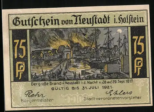 Notgeld Neustadt in Holstein 1921, 75 Pfennig, Brand v. Neustadt 1817