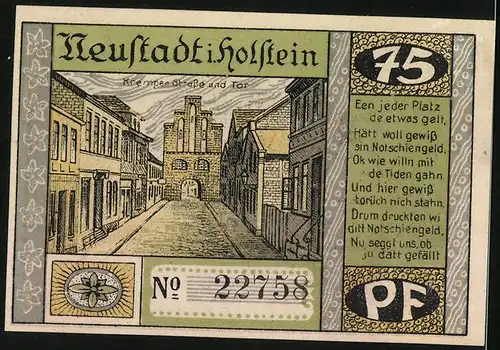 Notgeld Neustadt in Holstein 1921, 75 Pfennig, Brand v. Neustadt 1817