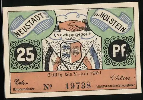 Notgeld Neustadt in Holstein 1921, 25 Pfennig, Wappen und Christian I.