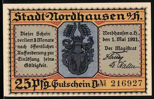 Notgeld Nordhausen a/H. 1921, 25 Pfennig, Wappen, Tafelrunde mit Speis und Trank