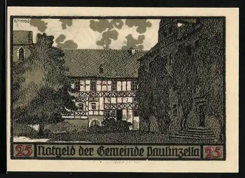 Notgeld Paulinzella 1922, 25 Pfennig, Baum mit Vogel, Fachwerkhaus