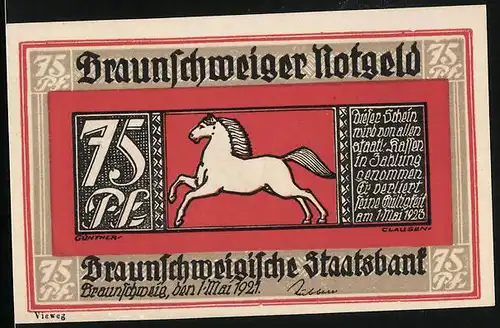 Notgeld Braunschweig 1921, 75 Pfennig, Wappen mit Pferd, Blankenburg