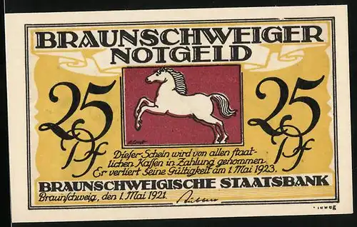 Notgeld Braunschweig 1921, 25 Pfennig, Wappen mit Pferd, Schloss Blankenburg