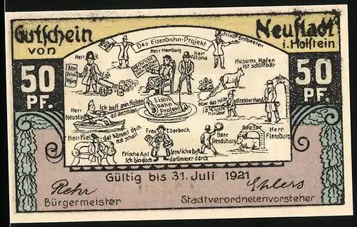 Notgeld Neustadt in Holstein 1921, 50 Pfennig, Eisenbahn-Projekt und Rathaus