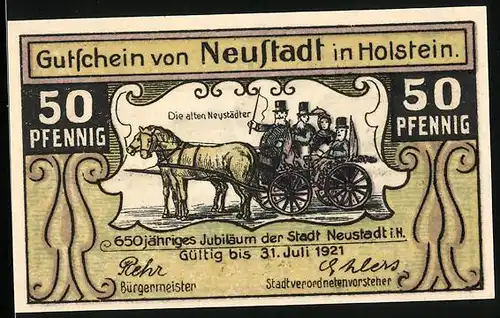 Notgeld Neustadt in Holstein 1921, 50 Pfennig, Die alten Neustädter, Kutsche