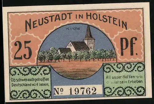 Notgeld Neustadt in Holstein 1921, 25 Pfennig, Kirche, Karikatur Ein guter Patriot