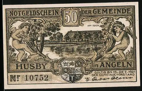 Notgeld Husby in Angeln 1921, 50 Pfennig, Am Teich, Soldat mit Bayonett