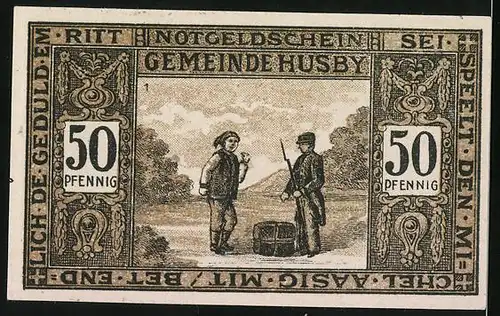 Notgeld Husby in Angeln 1921, 50 Pfennig, Am Teich, Soldat mit Bayonett