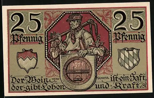 Notgeld Kitzingen 1921, 25 Pfennig, Weinbauer mit Reben