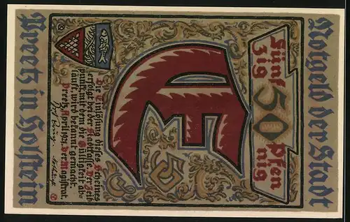 Notgeld Preetz in Holstein 1921, 50 Pfennig, Wappen und Kirche