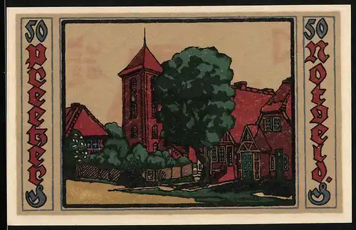 Notgeld Preetz in Holstein 1921, 50 Pfennig, Kirche mit Strasse, Wappen