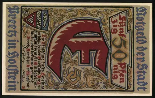 Notgeld Preetz in Holstein 1921, 50 Pfennig, Kirche mit Strasse, Wappen