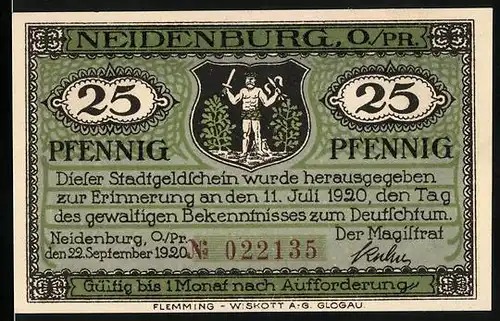 Notgeld Neidenburg O/Pr. 1920, 25 Pfennig, Wappen und Ortspanorama