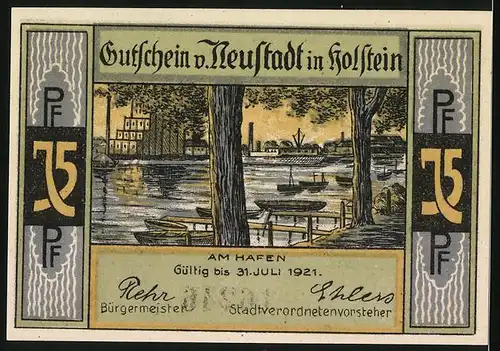 Notgeld Neustadt in Holstein 1921, 75 Pfennig, Burg mit Ziegenreiten, Am Hafen