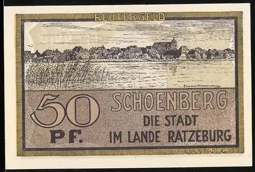 Notgeld Schönberg 1922, 50 Pfennig, Reutergeld, Ortsansicht