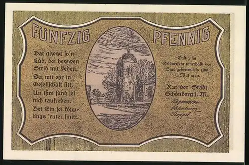 Notgeld Schönberg 1922, 50 Pfennig, Reutergeld, Ortsansicht