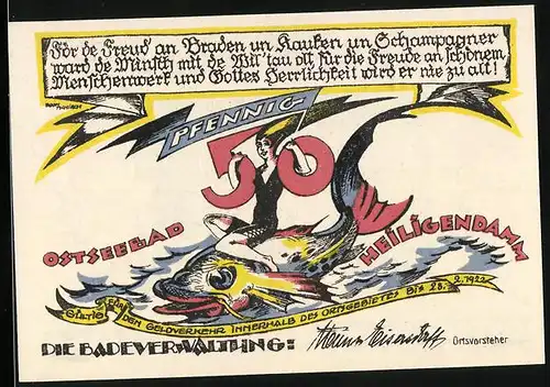 Notgeld Heiligendamm 1922, 50 Pfennig, Frau auf grossem Fisch