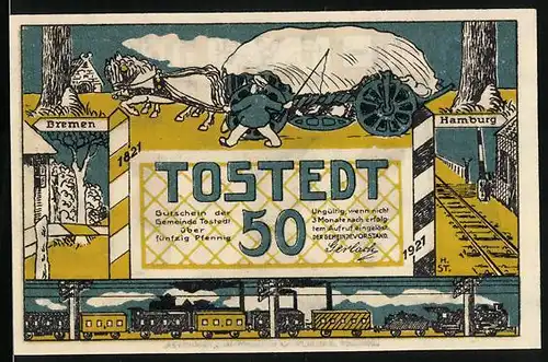 Notgeld Tostedt 1921, 50 Pfennig, Kutsche und Eisenbahn
