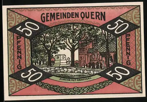 Notgeld Quern 1921, 50 Pfennig, Kirche mit Denkmal