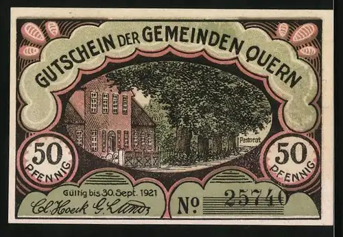 Notgeld Quern 1921, 50 Pfennig, Kirche mit Denkmal