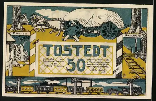 Notgeld Tostedt 1921, 50 Pfennig, Kutsche und Eisenbahn