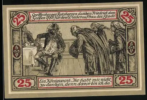 Notgeld Greiffenberg i. Schl. 1920, 25 Pfennig, Wappen, Ratsherren danken Friedrich dem Grossen