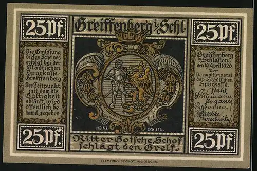 Notgeld Greiffenberg i. Schl. 1920, 25 Pfennig, Wappen, Ratsherren danken Friedrich dem Grossen