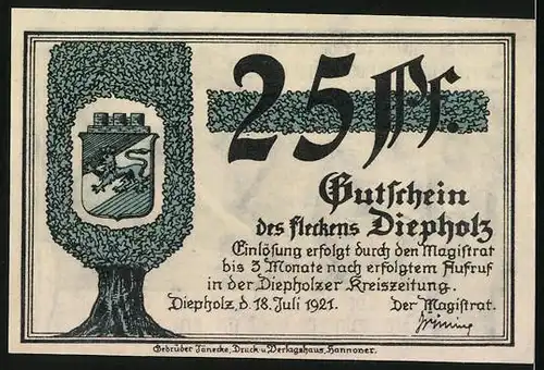 Notgeld Diepholz 1921, 25 Pfennig, Bauer beim Mähen