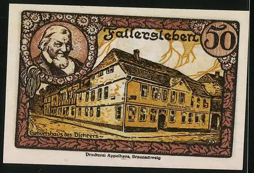 Notgeld Fallersleben 1920, 50 Pfennig, Geburtshaus des Dichters