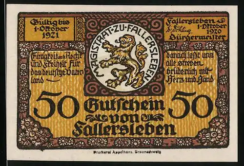 Notgeld Fallersleben 1920, 50 Pfennig, Geburtshaus des Dichters