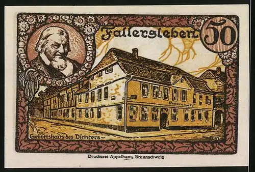 Notgeld Fallersleben 1920, 50 Pfennig, Geburtshaus des Dichters