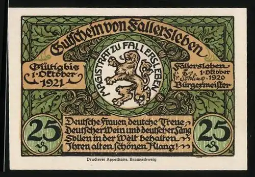 Notgeld Fallersleben 1920, 25 Pfennig, Schloss, Amtsgericht und Kirche