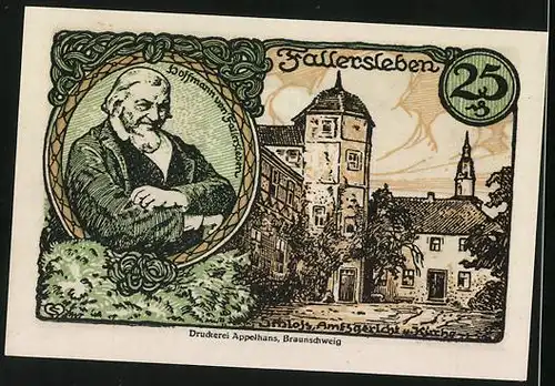 Notgeld Fallersleben 1920, 25 Pfennig, Schloss, Amtsgericht und Kirche