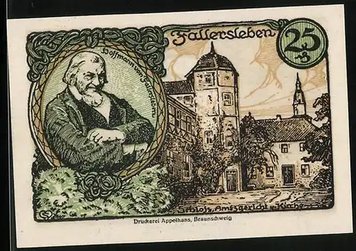 Notgeld Fallersleben 1920, 25 Pfennig, Schloss, Gericht, Kirche