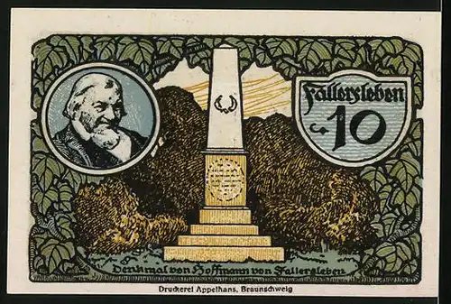Notgeld Fallersleben 1920, 10 Pfennig, Denkmal von Hoffmann von Fallersleben