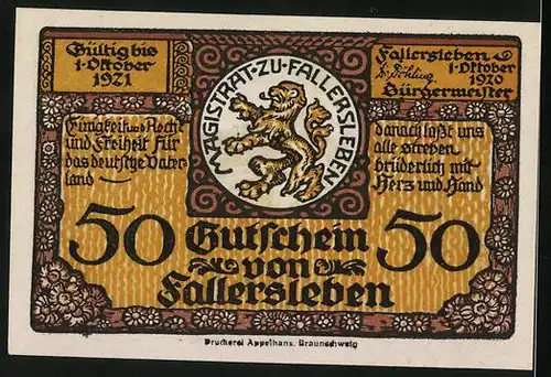 Notgeld Fallersleben 1920, 50 Pfennig, Geburtshaus des Dichters